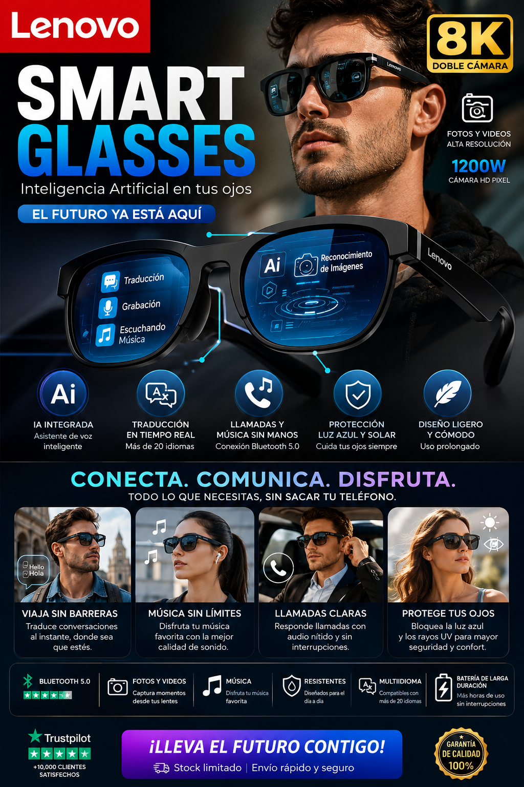 Lenovo AI Smart Glasses XG89 | Traducción Inteligente, Música y Llamadas Bluetooth